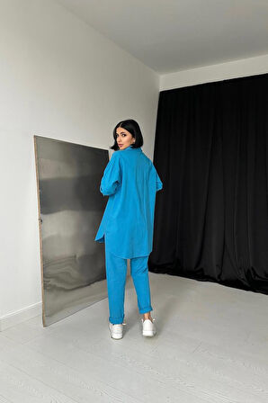 Yonca Moda Evi Mavi Gömlek Ve Çıtçıtlı Pantolon Takım