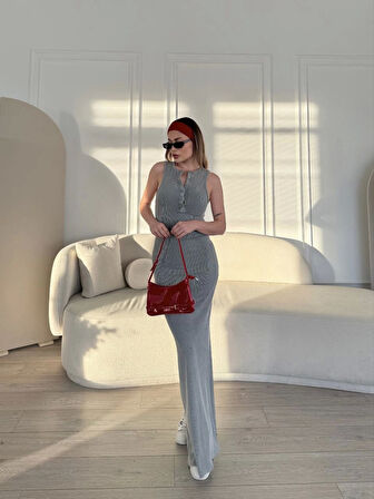 Yonca Moda Evi Yırtmaç Detaylı Kolsuz Düğmeli Yıkamalı Uzun Elbise - Gri