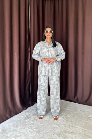 Yonca Moda Evi Mavi Leopar Desenli Ceket Ve Pantolon Keten Takım