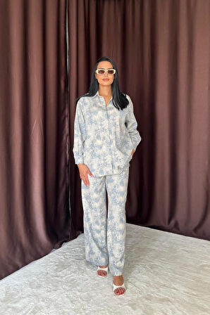Yonca Moda Evi Mavi Leopar Desenli Ceket Ve Pantolon Keten Takım