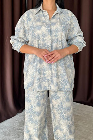 Yonca Moda Evi Mavi Leopar Desenli Ceket Ve Pantolon Keten Takım