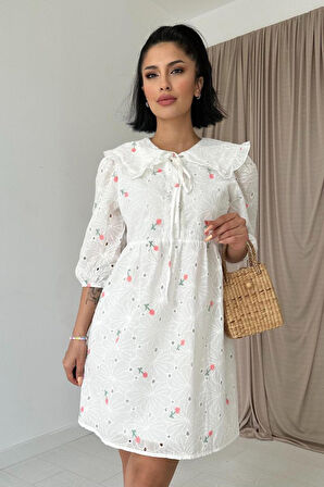 Yonca Moda Evi Pembe Bebe Yakalı Brode Elbise