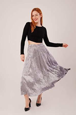 Yonca Moda Evi Midi Boy Pileli Saten Gri Etek