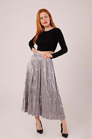 Yonca Moda Evi Midi Boy Pileli Saten Gri Etek