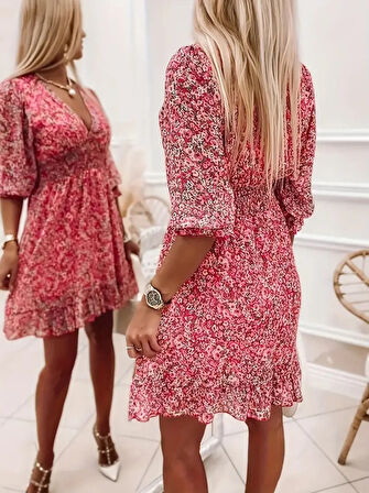 Yonca Moda Evi Kadın Fakir Kol Kruvaze Yakalı Beli Lastikli çiçek Desenli Süprem Elbise