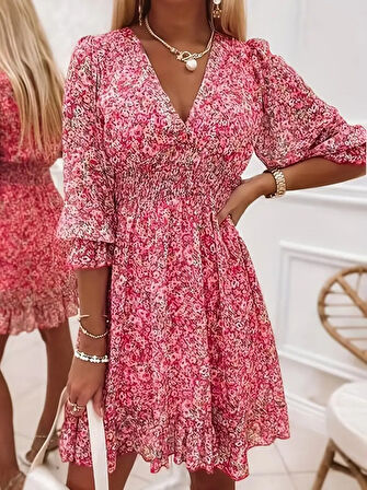 Yonca Moda Evi Kadın Fakir Kol Kruvaze Yakalı Beli Lastikli çiçek Desenli Süprem Elbise