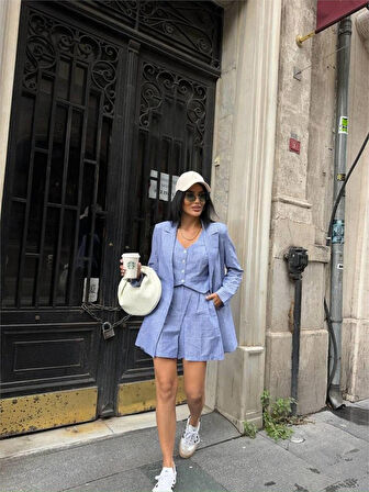 Yonca Moda Evi ÇİZGİLİ KETEN CEKET YELEK ŞORT TK - Mavi