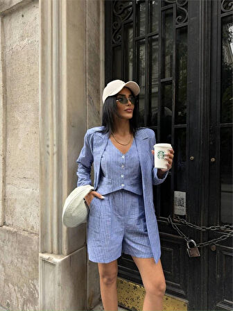 Yonca Moda Evi ÇİZGİLİ KETEN CEKET YELEK ŞORT TK - Mavi