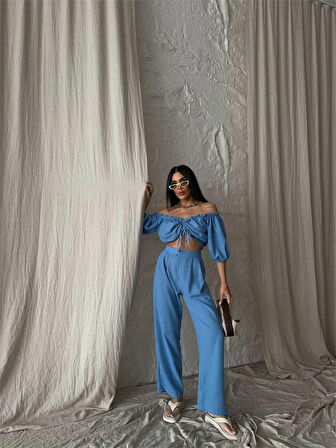 Yonca Moda Evi KETEN CROP BLUZ BÜZGÜ YAKA + PANTOLON TAKIM - Mavi