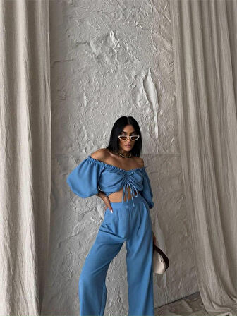 Yonca Moda Evi KETEN CROP BLUZ BÜZGÜ YAKA + PANTOLON TAKIM - Mavi
