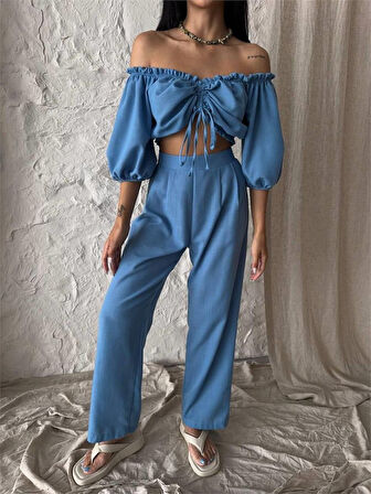 Yonca Moda Evi KETEN CROP BLUZ BÜZGÜ YAKA + PANTOLON TAKIM - Mavi