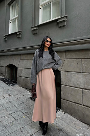 Yonca Moda Evi SATEN ŞANEL BOY ETEK - Bej