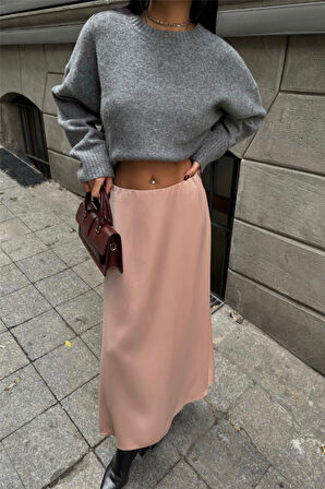 Yonca Moda Evi SATEN ŞANEL BOY ETEK - Bej
