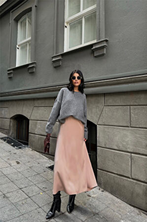 Yonca Moda Evi SATEN ŞANEL BOY ETEK - Bej