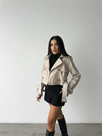 Yonca Moda Evi CROP TRENCH KEMER DETAYLI - Taş