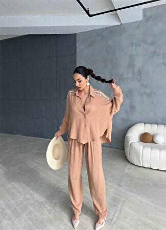 Yonca Moda Evi OMUZ SAÇAK DENİZ KABUĞU GÖMLEK - PANTOLON TAKIM - Bej