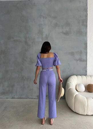 Yonca Moda Evi KETEN CROP KARPUZ KOL BLUZ-PANTOLON HASIR KEMERLİ - Mor