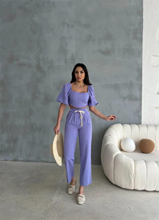 Yonca Moda Evi KETEN CROP KARPUZ KOL BLUZ-PANTOLON HASIR KEMERLİ - Mor