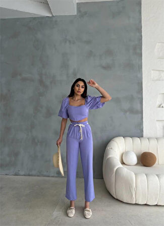 Yonca Moda Evi KETEN CROP KARPUZ KOL BLUZ-PANTOLON HASIR KEMERLİ - Mor