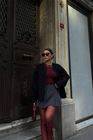 Yonca Moda Evi KAŞE FERMUARLI BLUZ - Siyah