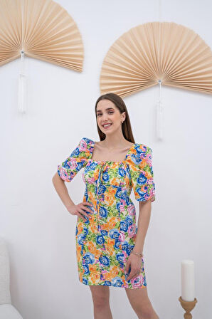Yonca Moda Evi Desenli Boyundan Bağlamalı Desenli Elbise