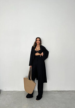Yonca Moda Evi KRINKIL BÜSTİYER-PANTOLON-KİMONO TAKIM - Siyah