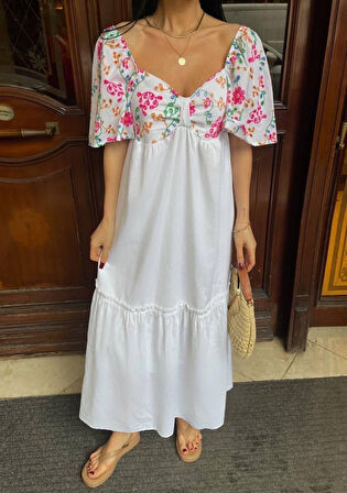 Yonca Moda Evi RENKLİ NAKIŞ DESENLİ ELBİSE - Beyaz