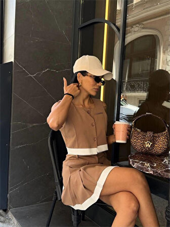 Yonca Moda Evi ETEKUCU ŞERİTLİ YELEK - TENİS ETEK TAKIM - Bej