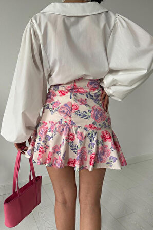 Yonca Moda Evi Pembe Çiçekli Etek