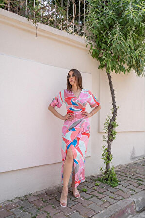 Yonca Moda Evi Fuşya Desenli Yırtmaçlı Elbise