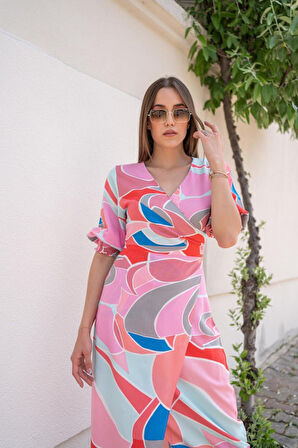 Yonca Moda Evi Fuşya Desenli Yırtmaçlı Elbise
