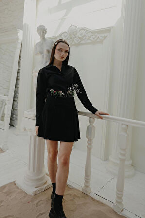 Yonca Moda Evi Kurdela Detaylı Mini Etek - Siyah