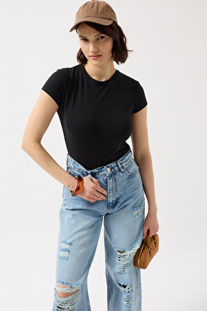 Yonca Moda Evi Likralı Basic T-Shirt