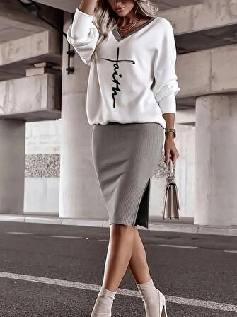Yonca Moda Evi Kadın Uzun Kollu V Yakalı Iki Iplik Bluz Ve şardonlu Kaşkorse Etek Ikili Takım