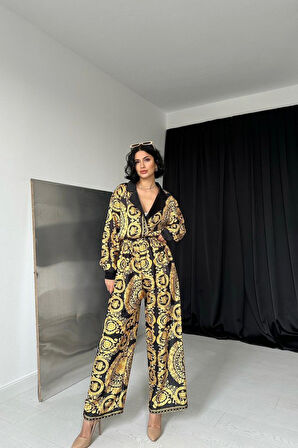 Yonca Moda Evi Sarı Gömlek Ve Baskılı Pantolon Takım
