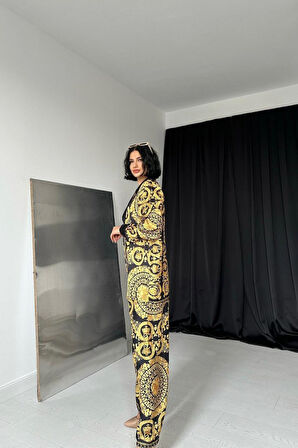 Yonca Moda Evi Sarı Gömlek Ve Baskılı Pantolon Takım