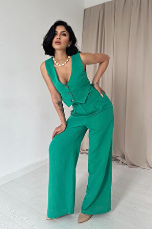 Yonca Moda Evi Yeşil Önü Düğmeli Yelek Ve Pantolon Takım