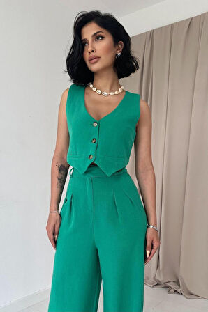 Yonca Moda Evi Yeşil Önü Düğmeli Yelek Ve Pantolon Takım