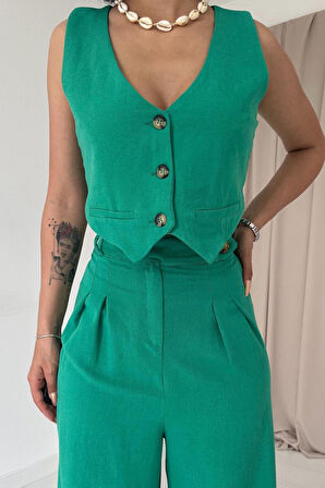 Yonca Moda Evi Yeşil Önü Düğmeli Yelek Ve Pantolon Takım