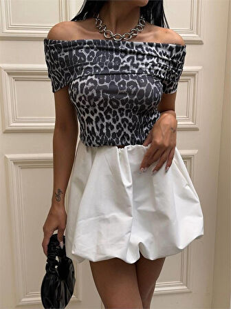 Yonca Moda Evi LEOPAR MADONNA YAKA BLUZ - Gri