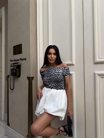 Yonca Moda Evi LEOPAR MADONNA YAKA BLUZ - Gri
