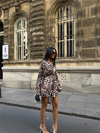 Yonca Moda Evi LEOPAR GÖMLEK-BLUZ-ŞORT TAKIM SATEN - Leopar