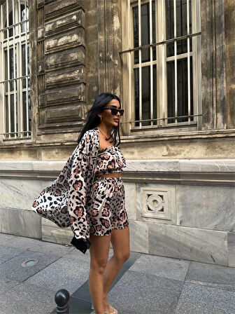 Yonca Moda Evi LEOPAR GÖMLEK-BLUZ-ŞORT TAKIM SATEN - Leopar