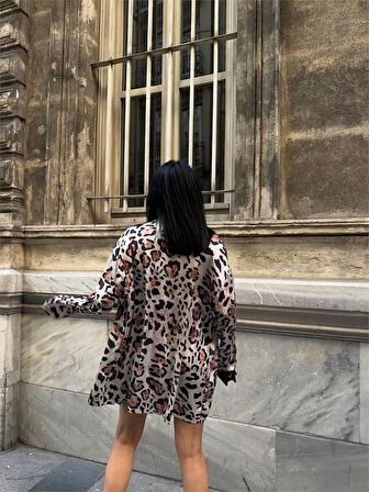 Yonca Moda Evi LEOPAR GÖMLEK-BLUZ-ŞORT TAKIM SATEN - Leopar