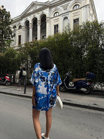 Yonca Moda Evi MAVİ DESENLİ SATEN ŞORT GÖMLEK TAKIM - Mavi