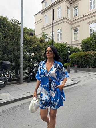 Yonca Moda Evi MAVİ DESENLİ SATEN ŞORT GÖMLEK TAKIM - Mavi