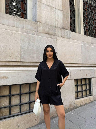 Yonca Moda Evi JAKARLI GÖMLEK -ŞORT TAKIM - Siyah