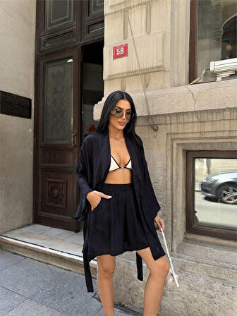 Yonca Moda Evi JAKARLI KİMONO - ŞORT TAKIM - Siyah