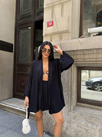 Yonca Moda Evi JAKARLI KİMONO - ŞORT TAKIM - Siyah