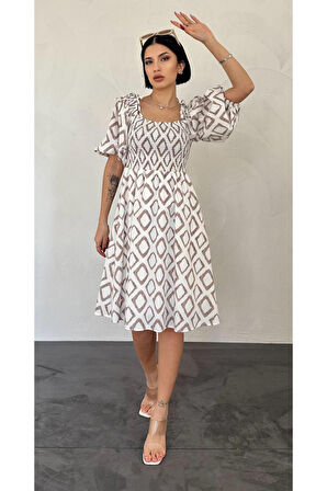 Yonca Moda Evi Vizon Kare Desenli Yazlık Elbise